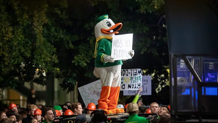 The Duck sends his well wishes to Lee Corso during ESPN’s “College GameDay” on Saturday, Oct. 12, 2024, on the campus of the University of Oregon in Eugene, OR
