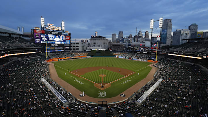 Jun 8, 2021; Detroit, Michigan, USA; A wide shot from high up behind home plate as Seattle Mariners starting pitcher Marco Gonzales (7) pitches to Detroit Tigers designated hitter Willi Castro (9) during the third inning at Comerica Park.