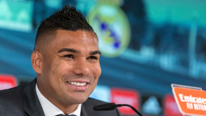 Casemiro speaking to the press during his Real Madrid days. 
