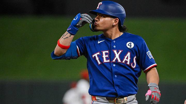 Jun. 2, 2026; St. Louis, Missouri, USA; Texas Rangers left fielder Alejandro Osuna (19) reacts after hitting a one-run single against the St. Louis Cardinals during the sixth inning at Busch Stadium. Mandatory Credit: Jeff Curry-Imagn Images