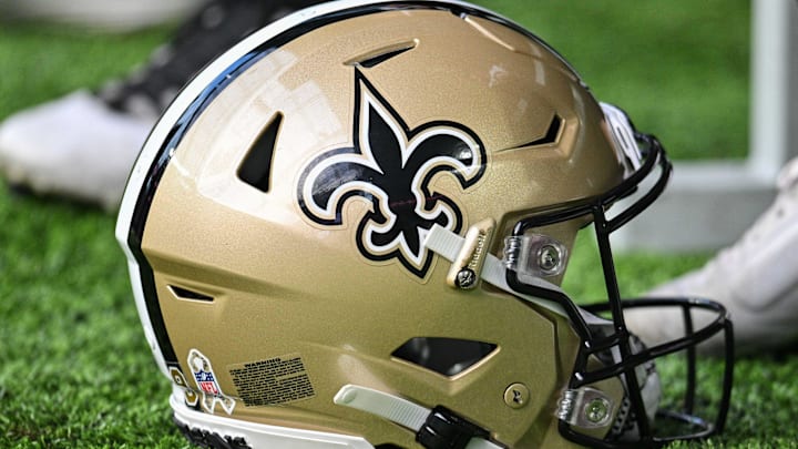 Nov 12, 2023; Minneapolis, Minnesota, USA; A New Orleans Saints helmet during the game between the Minnesota Vikings and the New Orleans Saints at U.S. Bank Stadium. Mandatory Credit: Jeffrey Becker-Imagn Images Nov 12, 2023; Minneapolis, Minnesota, USA; A New Orleans Saints helmet during the game between the Minnesota Vikings and the New Orleans Saints at U.S. Bank Stadium. Mandatory Credit: Jeffrey Becker-Imagn Images
