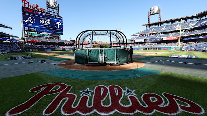 Oct 11, 2023; Philadelphia, Pennsylvania, USA; A view of the Phillies logo painted on the field before game three of the NLDS for the 2023 MLB playoffs between the Philadelphia Phillies and the Atlanta Braves at Citizens Bank Park. Mandatory Credit: Bill Streicher-Imagn Images Oct 11, 2023; Philadelphia, Pennsylvania, USA; A view of the Phillies logo painted on the field before game three of the NLDS for the 2023 MLB playoffs between the Philadelphia Phillies and the Atlanta Braves at Citizens Bank Park. Mandatory Credit: Bill Streicher-Imagn Images