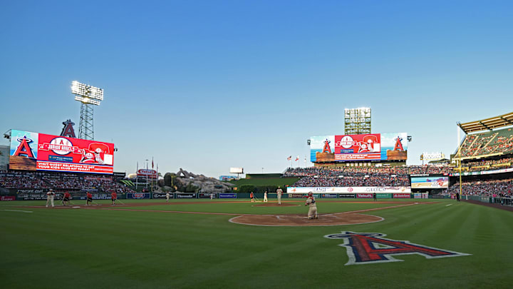 General view of Angel Stadium during the game between the Los Angeles Angels and the Seattle Mariners on July 13, 2024, in Anaheim, Calif.