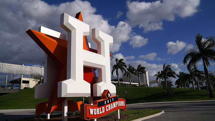 Mar 9, 2021; West Palm Beach, Florida, USA; A general view of the Houston Astros logo statue outside of The Ballpark of the Palm Beaches prior to the spring training game between the Houston Astros and the Washington Nationals. Mandatory Credit: Jasen Vinlove-Imagn Images
