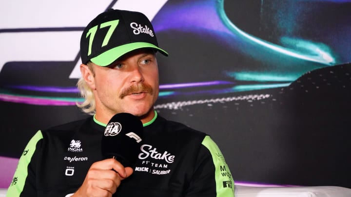 May 2, 2024; Miami Gardens, Florida, USA; Kick Sauber driver Valtteri Bottas (77) addresses the media in advance of the Miami Grand Prix at the Miami International Autodrome. Mandatory Credit: John David Mercer-USA TODAY Sports May 2, 2024; Miami Gardens, Florida, USA; Kick Sauber driver Valtteri Bottas (77) addresses the media in advance of the Miami Grand Prix at the Miami International Autodrome. Mandatory Credit: John David Mercer-USA TODAY Sports