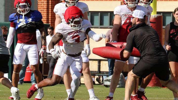 Reggie Powers III works through a drill at one of Oklahoma's spring practices. Reggie Powers III works through a drill at one of Oklahoma's spring practices.
