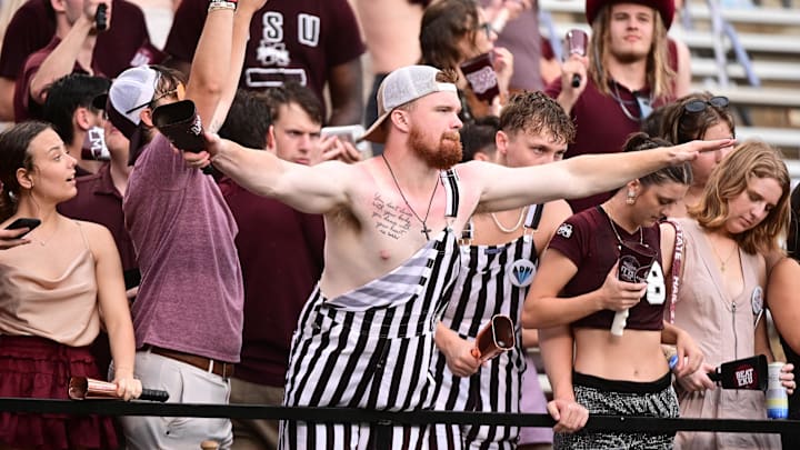 Mississippi State Bulldogs fans react after a play against the Eastern Kentucky Colonels during the second quarter at Davis Wade Stadium at Scott Field. Mississippi State Bulldogs fans react after a play against the Eastern Kentucky Colonels during the second quarter at Davis Wade Stadium at Scott Field.