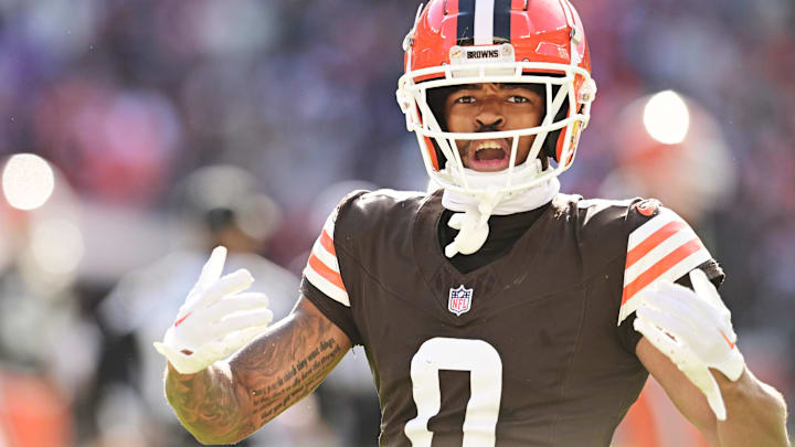 Oct 27, 2024; Cleveland, Ohio, USA; Cleveland Browns cornerback Greg Newsome II (0) celebrates during the second half against the Baltimore Ravens at Huntington Bank Field. Mandatory Credit: Ken Blaze-Imagn Images