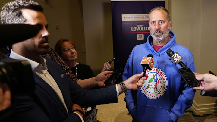 Torey Lovullo, Diamondbacks manager, speaks to the media during Cactus League media day at the Arizona Biltmore on Feb. 18, 2025, in Phoenix.
