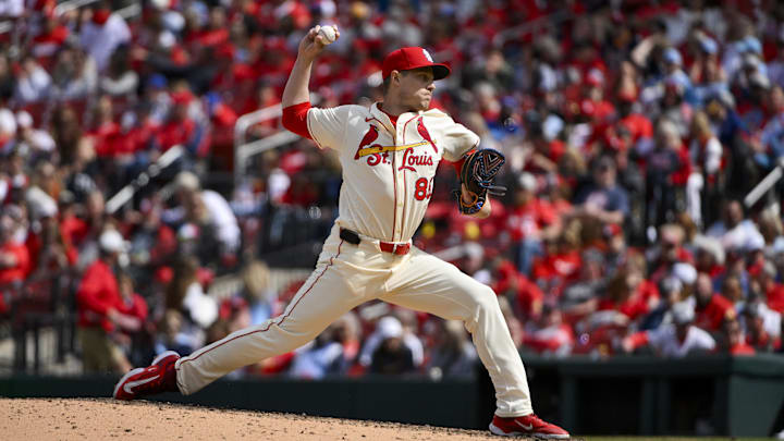 Apr 26, 2025; St. Louis, Missouri, USA;  St. Louis Cardinals relief pitcher Phil Maton (88) pitches against the Milwaukee Brewers during the eighth inning at Busch Stadium. Mandatory Credit: Jeff Curry-Imagn Images