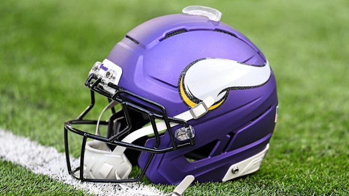 Oct 19, 2025; Minneapolis, Minnesota, USA; A general view of the Minnesota Vikings helmet before the game against the Philadelphia Eagles at U.S. Bank Stadium. Mandatory Credit: Jeffrey Becker-Imagn Images