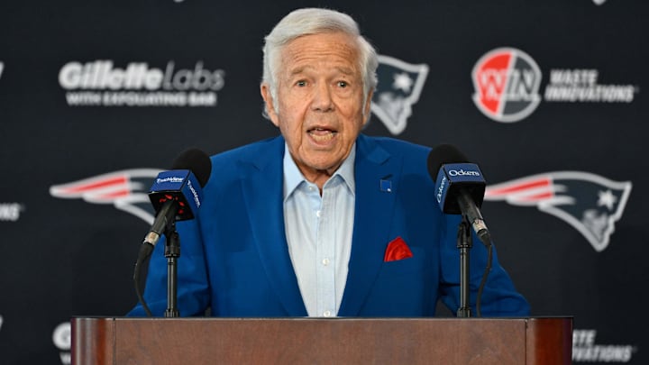Jan 13, 2025; Foxborough, MA, USA; New England Patriots owner Robert Kraft introduces Mike Vrabel (not photographed) as the New England Patriots new head coach at a press conference at Gillette Stadium. Mandatory Credit: Eric Canha-Imagn Images