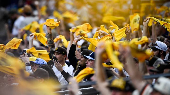 Sep 25, 2026; San Diego, California, USA;  Fans wave rally towels during the first inning of a game between the San Diego Padres and the Arizona Diamondbacks at Petco Park.  Mandatory Credit: Denis Poroy-Imagn Images