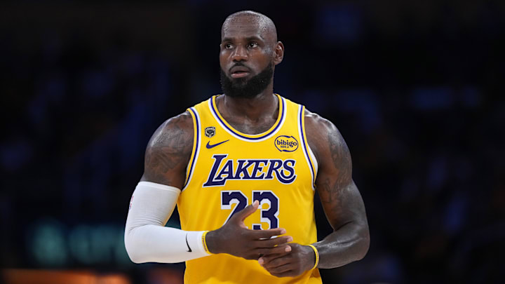 Apr 18, 2026; Los Angeles, California, USA; Los Angeles Lakers forward LeBron James (23) reacts against the Houston Rockets during game one of the first round of the 2026 NBA Playoffs at Crypto.com Arena. Mandatory Credit: Kirby Lee-Imagn Images