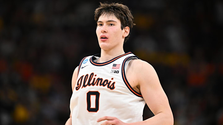 Mar 28, 2026; Houston, TX, USA; Illinois Fighting Illini forward David Mirkovic (0) looks on in the second half against the Illinois Fighting Illini during an Elite Eight game of the South Regional of the men's 2026 NCAA Tournament at Toyota Center. Mandatory Credit: Maria Lysaker-Imagn Images Mar 28, 2026; Houston, TX, USA; Illinois Fighting Illini forward David Mirkovic (0) looks on in the second half against the Illinois Fighting Illini during an Elite Eight game of the South Regional of the men's 2026 NCAA Tournament at Toyota Center. Mandatory Credit: Maria Lysaker-Imagn Images