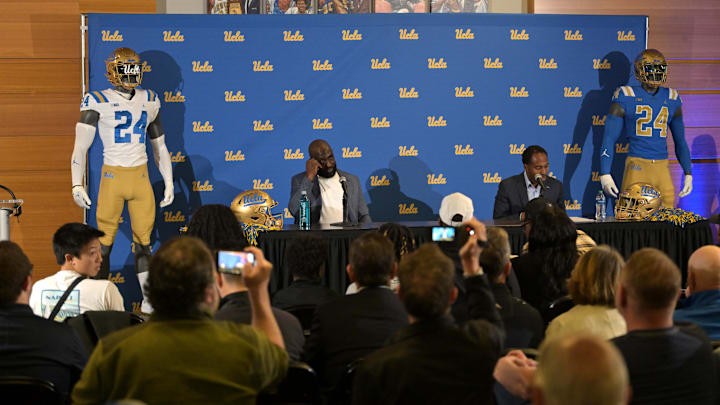 Feb 13, 2024; Los Angeles, CA, USA;  UCLA Bruins athletic director Martin Jarmond, right, with new head coach DeShaun Foster, left.