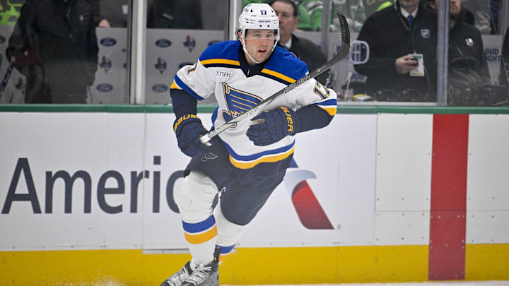 Mar 2, 2025; Dallas, Texas, USA; St. Louis Blues defenseman Cam Fowler (17) in action during the game between the Dallas Stars and the St. Louis Blues at the American Airlines Center. Mandatory Credit: Jerome Miron-Imagn Images