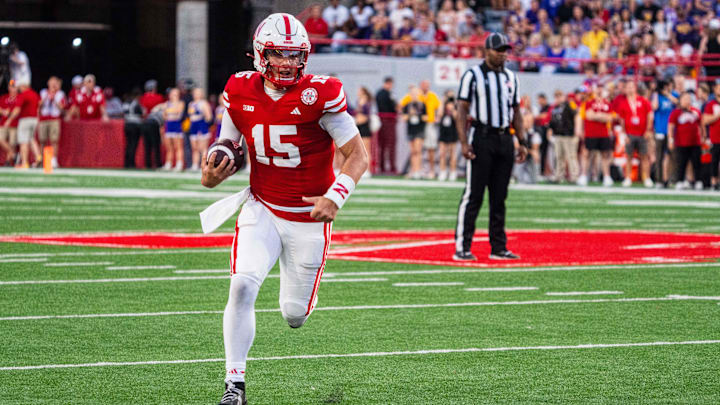 Sep 14, 2024; Lincoln, Nebraska, USA; Nebraska Cornhuskers quarterback Dylan Raiola (15) runs against the Northern Iowa Panthers during the second quarter at Memorial Stadium. Sep 14, 2024; Lincoln, Nebraska, USA; Nebraska Cornhuskers quarterback Dylan Raiola (15) runs against the Northern Iowa Panthers during the second quarter at Memorial Stadium.