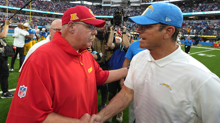 Sep 29, 2024; Inglewood, California, USA; Kansas City Chiefs coach Andy Reid shakes hands with Los Angeles Chargers coach Jim Harbaugh after the game at SoFi Stadium. Mandatory Credit: Kirby Lee-Imagn Images Sep 29, 2024; Inglewood, California, USA; Kansas City Chiefs coach Andy Reid shakes hands with Los Angeles Chargers coach Jim Harbaugh after the game at SoFi Stadium. Mandatory Credit: Kirby Lee-Imagn Images