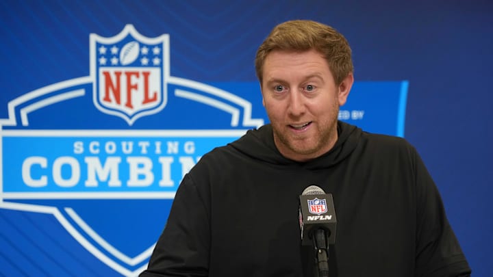 Feb 25, 2025; Indianapolis, IN, USA; Jacksonville Jaguars coach Liam Coen speaks during the NFL Scouting Combine at the Indiana Convention Center. Mandatory Credit: Kirby Lee-Imagn Images Feb 25, 2025; Indianapolis, IN, USA; Jacksonville Jaguars coach Liam Coen speaks during the NFL Scouting Combine at the Indiana Convention Center. Mandatory Credit: Kirby Lee-Imagn Images