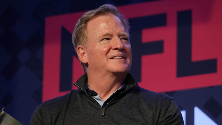Nov 9, 2024; Munich, Germany; NFL commissioner Roger Goodell during NFL Live Munich at Augustiner-Keller. Mandatory Credit: Kirby Lee-Imagn Images