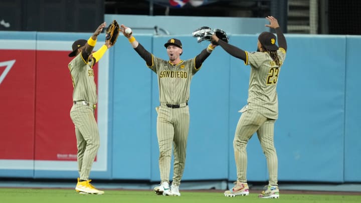 Apr 12, 2024; Los Angeles, California, USA; San Diego Padres left fielder Jurickson Profar (10),
