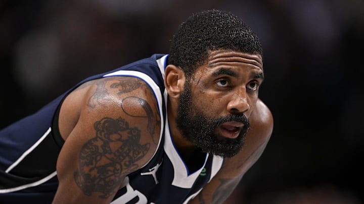 Feb 12, 2025; Dallas, Texas, USA; Dallas Mavericks guard Kyrie Irving (11) during the game between the Dallas Mavericks and the Golden State Warriors at the American Airlines Center. Mandatory Credit: Jerome Miron-Imagn Images