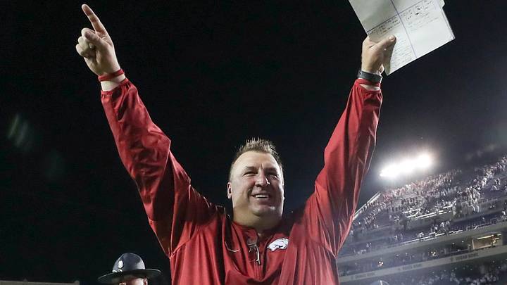 Former Arkansas Razorbacks head coach Bret Bielema celebrates after the game against the TCU Horned Frogs at Amon G. Carter Stadium. 