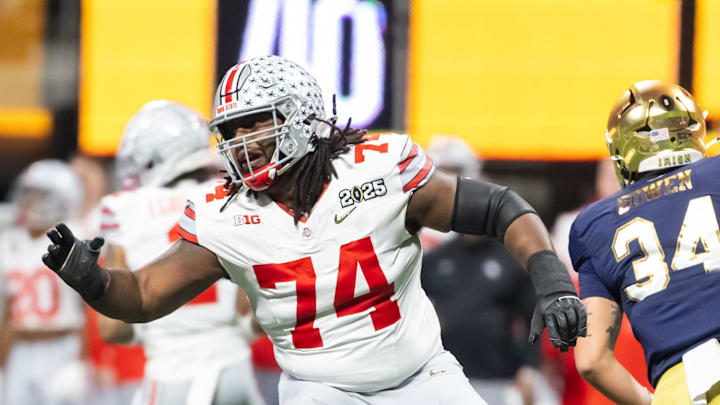 Jan 20, 2025; Atlanta, GA, USA; Ohio State Buckeyes offensive lineman Donovan Jackson (74) against the Notre Dame Fighting Irish during the CFP National Championship college football game at Mercedes-Benz Stadium. Mandatory Credit: Mark J. Rebilas-Imagn Images Jan 20, 2025; Atlanta, GA, USA; Ohio State Buckeyes offensive lineman Donovan Jackson (74) against the Notre Dame Fighting Irish during the CFP National Championship college football game at Mercedes-Benz Stadium. Mandatory Credit: Mark J. Rebilas-Imagn Images