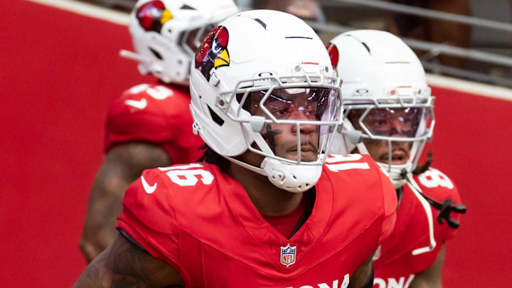 Aug 9, 2025; Glendale, Arizona, USA; Arizona Cardinals cornerback Max Melton (16) against the Kansas City Chiefs during a preseason NFL game at State Farm Stadium. Mandatory Credit: Mark J. Rebilas-Imagn Images
