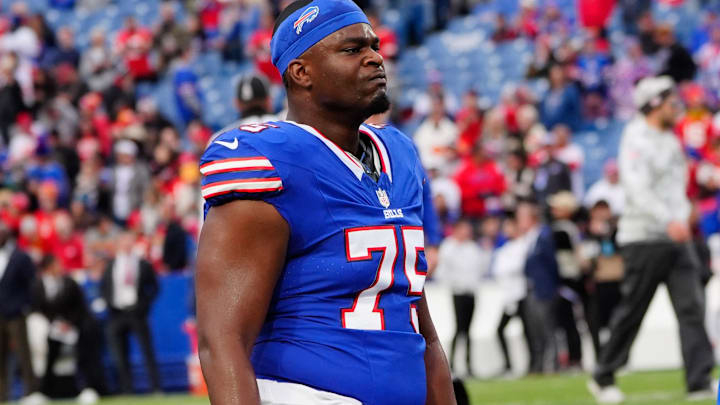 Buffalo Bills offensive tackle Richard Gouraige warms up prior to the game against the Kansas City Chiefs.