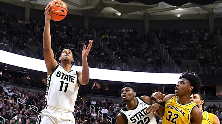Jan 30, 2024; East Lansing, Michigan, USA; Michigan State Spartans guard A.J. Hoggard (11) gets a