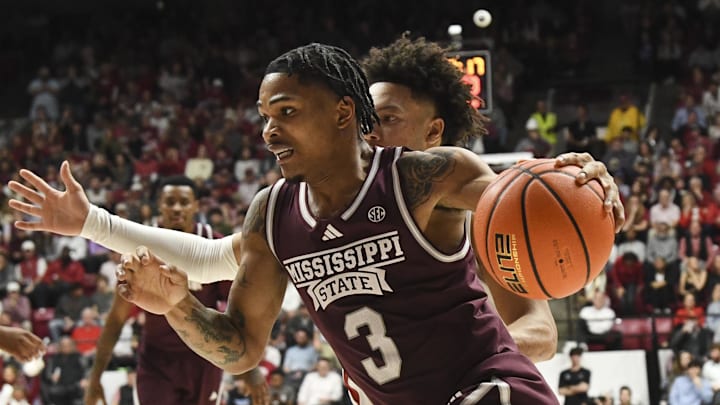 Feb 3, 2024; Tuscaloosa, Alabama, USA; Mississippi State guard Shakeel Moore (3) drives along the