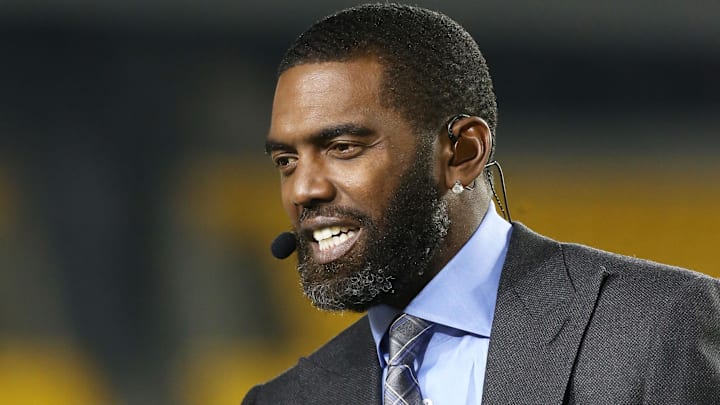 Network television commentator Randy Moss performs the pre-game show from the Monday Night Football set before the Chicago Bears play the Pittsburgh Steelers at Heinz Field.