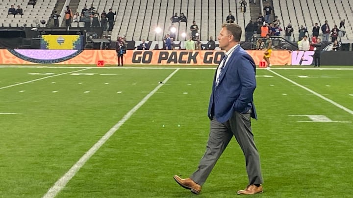 Green Bay Packers general manager Brian Gutekunst walks on the field pregame at Arena Corinthians in São Paulo, Brazil. Green Bay Packers general manager Brian Gutekunst walks on the field pregame at Arena Corinthians in São Paulo, Brazil.