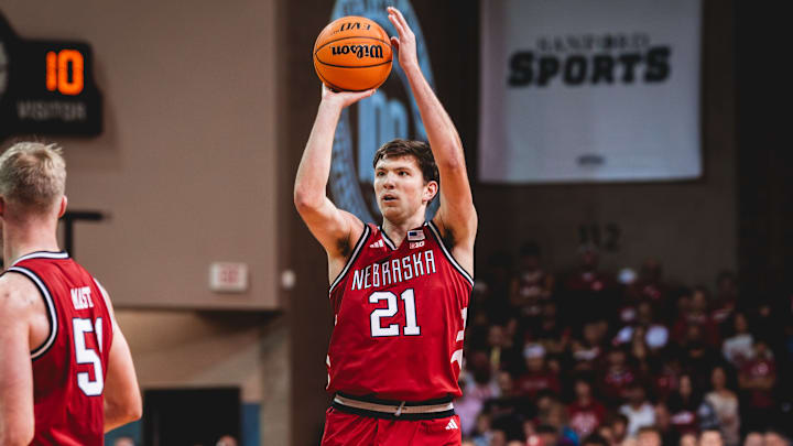 Nebraska forward Pryce Sandfort shoots a three-pointer against Oklahoma at the Sanford Pentagon in Sioux Falls. Nebraska forward Pryce Sandfort shoots a three-pointer against Oklahoma at the Sanford Pentagon in Sioux Falls.