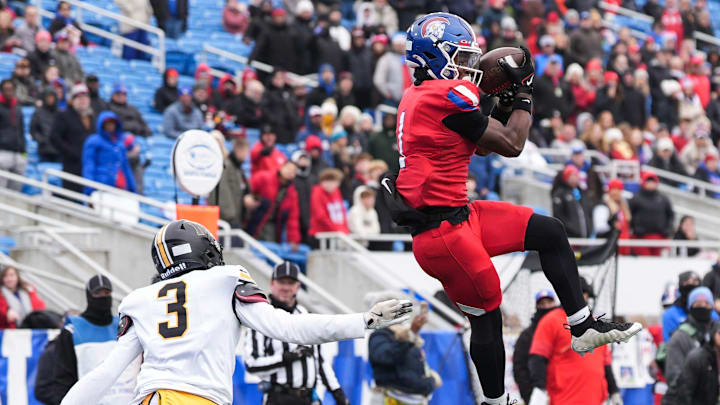 Christian Academy of Louisville's JaHyde Brown (1) makes a touchdown catch as the Centurions were up 28-0 over Murray at the KHSAA class 3A football state final at Kroger Field in Lexington Saturday, December 6, 2025.