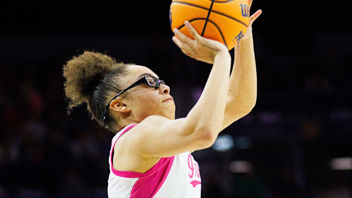 Notre Dame guard Olivia Miles shoots the ball during a NCAA women's basketball game between No. 3 Notre Dame and No. 21 California at Purcell Pavilion on Sunday, Feb. 9, 2025, in South Bend.