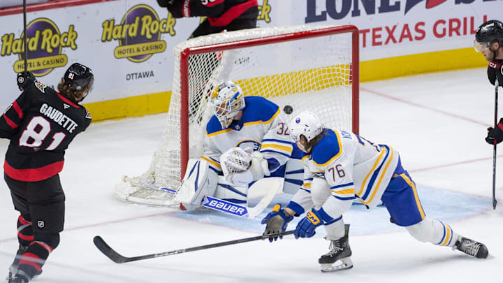 Sep 26, 2024; Ottawa, Ontario, CAN; Ottawa Senators right wing Adam Gaudette (81) scores against Buffalo Sabres goalie Felix Sandstrom (32) in the third period at the Canadian Tire Centre. Mandatory Credit: Marc DesRosiers-Imagn Images