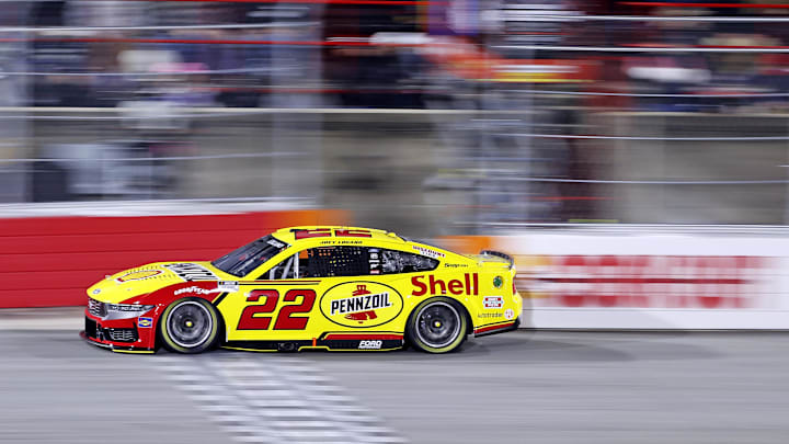 Feb 1, 2025; WInston-Salem, North Carolina, USA; NASCAR Cup Series driver Joey Logano (22) during practice for the Clash at Bowman Gray at Bowman Gray Stadium. Mandatory Credit: Peter Casey-Imagn Images