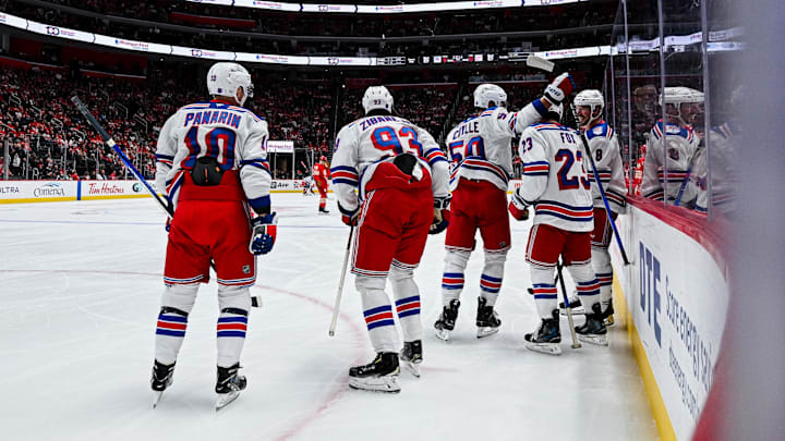 Nov 7, 2025; Detroit, Michigan, USA; New York Rangers left wing Will Cuylle (50) celebrates his goal with teammates during the first period against the Detroit Red Wings at Little Caesars Arena. Mandatory Credit: Tim Fuller-Imagn Images Nov 7, 2025; Detroit, Michigan, USA; New York Rangers left wing Will Cuylle (50) celebrates his goal with teammates during the first period against the Detroit Red Wings at Little Caesars Arena. Mandatory Credit: Tim Fuller-Imagn Images