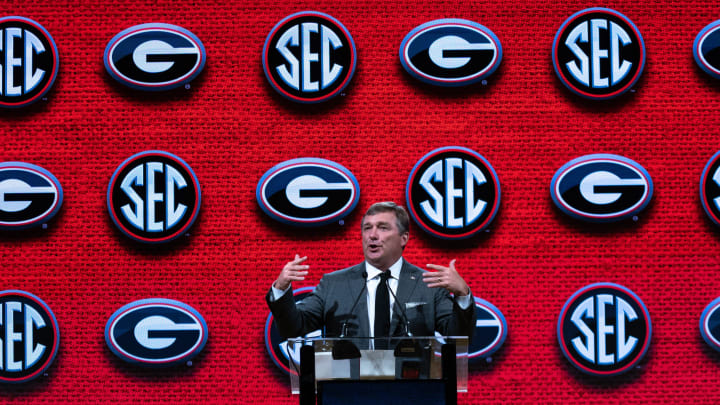 Georgia Head Coach Kirby Smart speaks at the 2023 SEC Football Kickoff Media Days at the Nashville Grand Hyatt on Broadway, Tuesday, July 18, 2023.