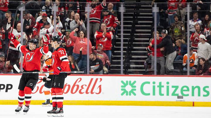 New Jersey Devils defenseman Dougie Hamilton (7) and Nick Bjugstad (72) celebrates a goal against the Philadelphia Flyers during the first period at Prudential Center. Mandatory Credit: Luther Schlaifer-Imagn Images New Jersey Devils defenseman Dougie Hamilton (7) and Nick Bjugstad (72) celebrates a goal against the Philadelphia Flyers during the first period at Prudential Center. Mandatory Credit: Luther Schlaifer-Imagn Images