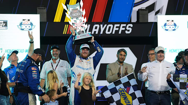 Oct 26, 2024; Homestead, Florida, USA; Xfinity Series driver Austin Hill (21) celebrates after winning the Credit One NASCAR AMEX Credit Card 300 at Homestead-Miami Speedway.