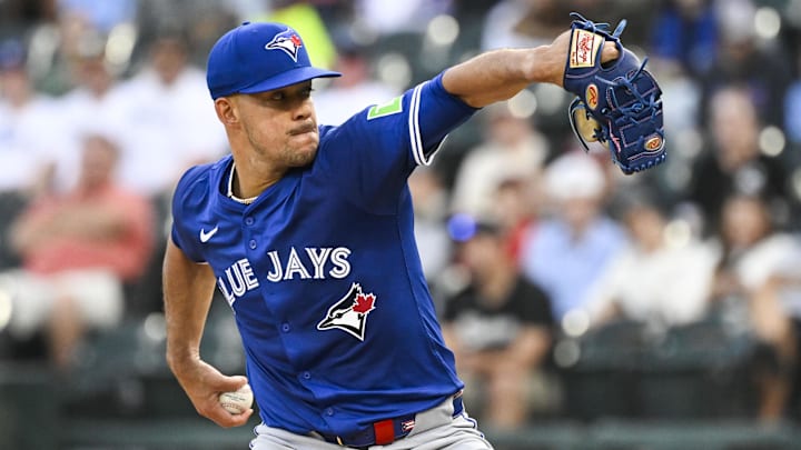 Jul 7, 2025; Chicago, Illinois, USA;  Toronto Blue Jays pitcher José Berríos (17) delivers during the first inning against the Chicago White Sox at Rate Field. Mandatory Credit: Matt Marton-Imagn Images
