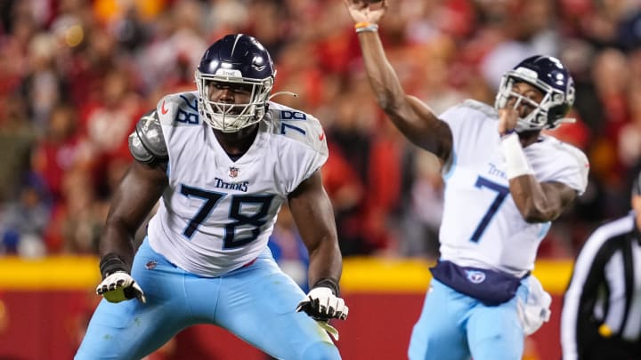 Nov 6, 2022; Kansas City, Missouri, USA; Tennessee Titans offensive tackle Nicholas Petit-Frere (78) looks to block as quarterback Malik Willis (7) throws a pass during the first half  against the Kansas City Chiefs at GEHA Field at Arrowhead Stadium. Mandatory Credit: Jay Biggerstaff-USA TODAY Sports