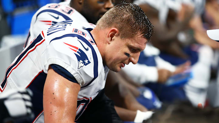 Feb 3, 2019; Atlanta, GA, USA; New England Patriots tight end Rob Gronkowski (87) reacts against the Los Angeles Rams in Super Bowl LIII at Mercedes-Benz Stadium. Mandatory Credit: Mark J. Rebilas-USA TODAY Sports