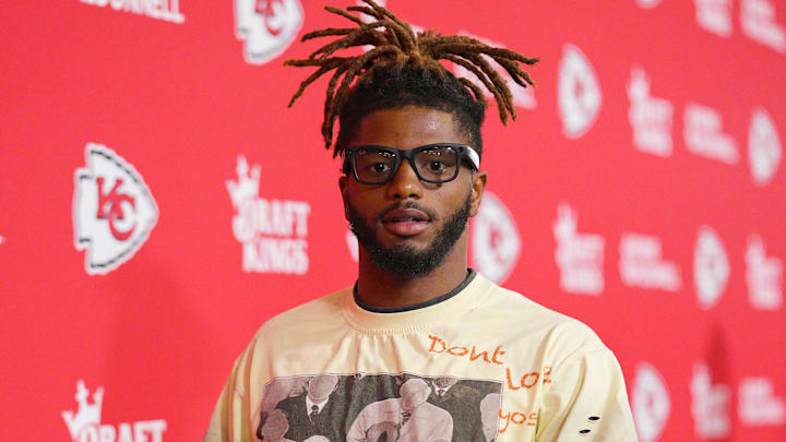 Aug 22, 2025; Kansas City, Missouri, USA; Kansas City Chiefs cornerback Kristian Fulton (8) arrives prior to a game against the Chicago Bears at GEHA Field at Arrowhead Stadium. Mandatory Credit: Jay Biggerstaff-Imagn Images