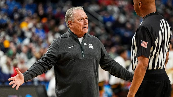 Michigan State head coach Tom Izzo reacts to a call during the first half of NCAA Tournament First Round against North Dakota State at KeyBank Center in Buffalo on Thursday, March 19, 2026.