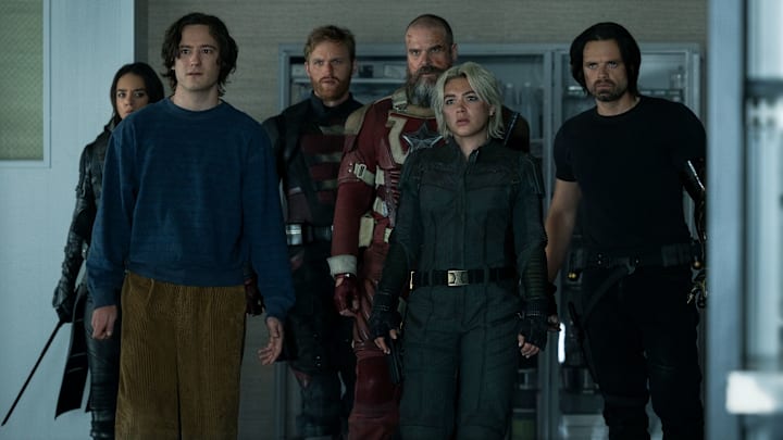 Ghost (Hannah John-Kamen), Bob (Lewis Pullman), John Walker (Wyatt Russell), Alexei Shostakov/Red Guardian (David Harbour), Yelena Belova (Florence Pugh) and Bucky Barnes (Sebastian Stan)in Marvel Studios' THUNDERBOLTS*. Photo by Chuck Zlotnick. © 2025 MARVEL.